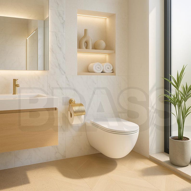 Luxury Brass Toilet Paper Holder – Modern Wall Mount Bathroom Fixture – Polished Gold Finish – Minimalist Hotel Style Bathroom Decor
