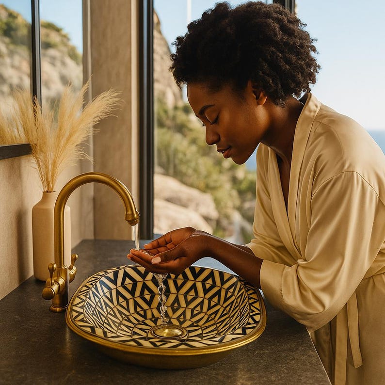 Luxury artisan oval sink with brass rim and black base