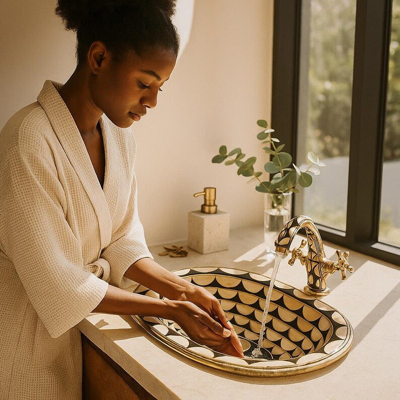 Black brass oval drop-in sink with bone and resin inlay