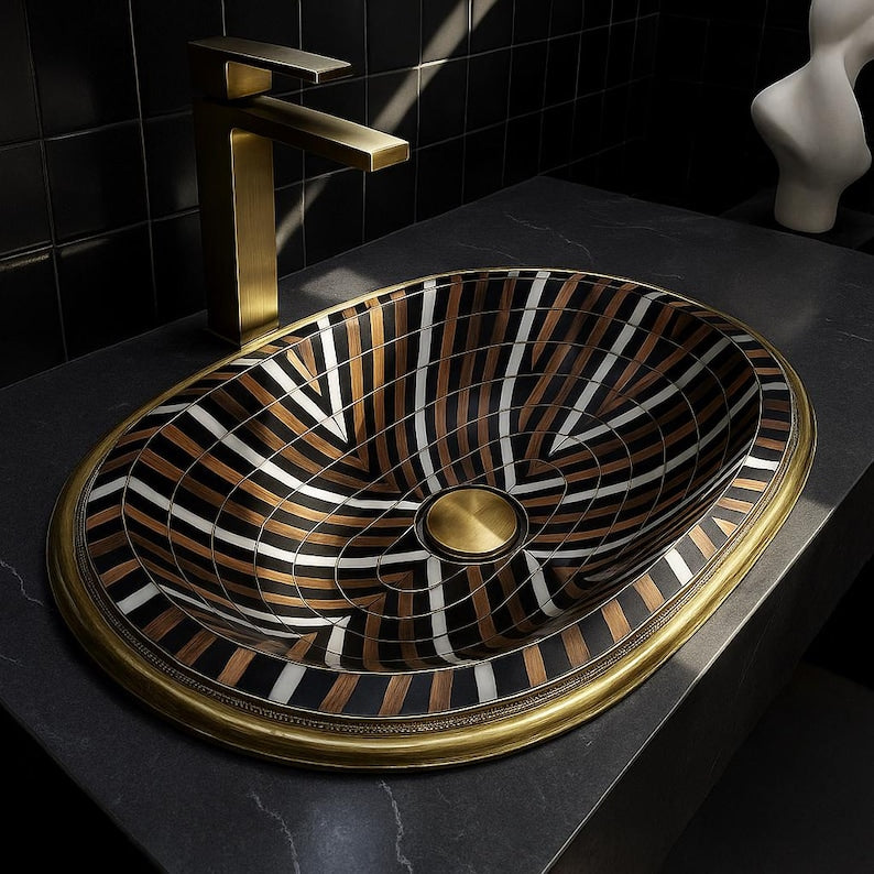 Luxury oval brass bathroom sink with bone, resin, and wood inlay – handcrafted Moroccan drop-in vanity basin

