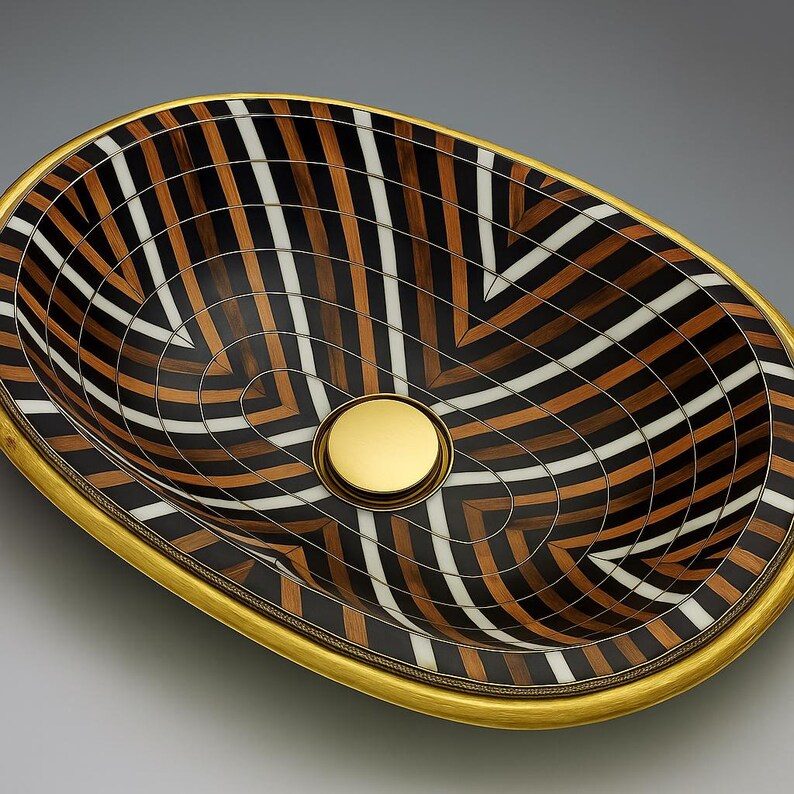 Luxury oval brass bathroom sink with bone, resin, and wood inlay – handcrafted Moroccan drop-in vanity basin

