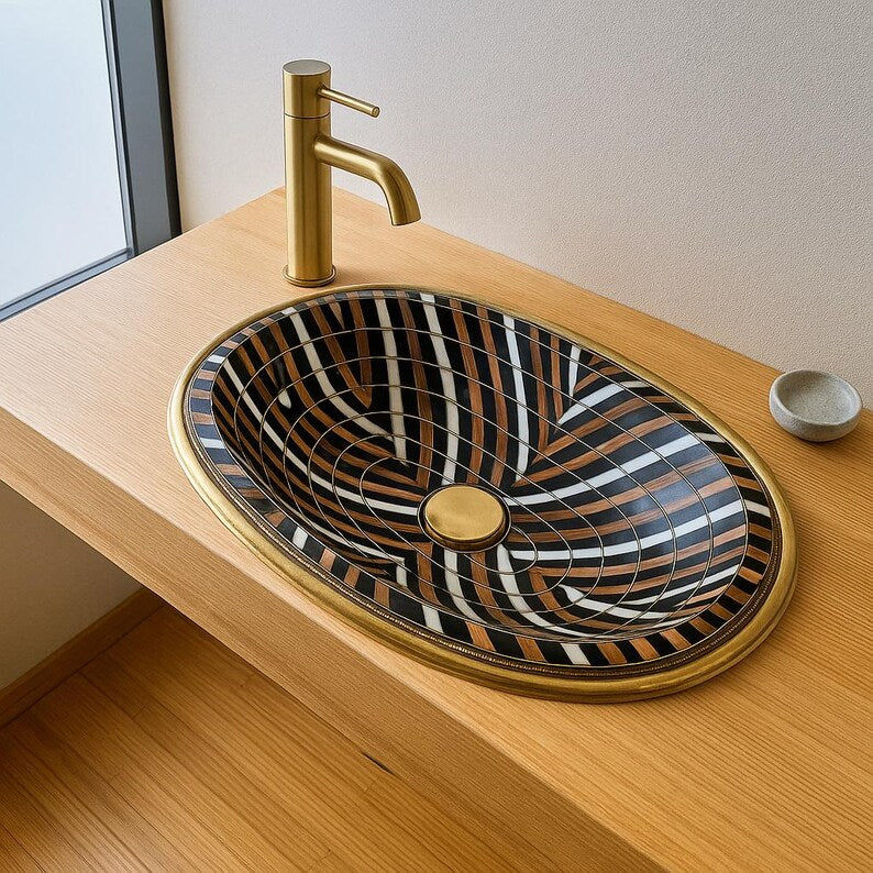 Luxury oval brass bathroom sink with bone, resin, and wood inlay – handcrafted Moroccan drop-in vanity basin

