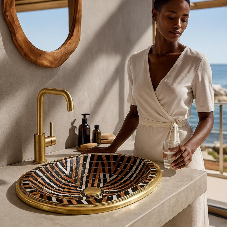Luxury oval brass bathroom sink with bone, resin, and wood inlay – handcrafted Moroccan drop-in vanity basin

