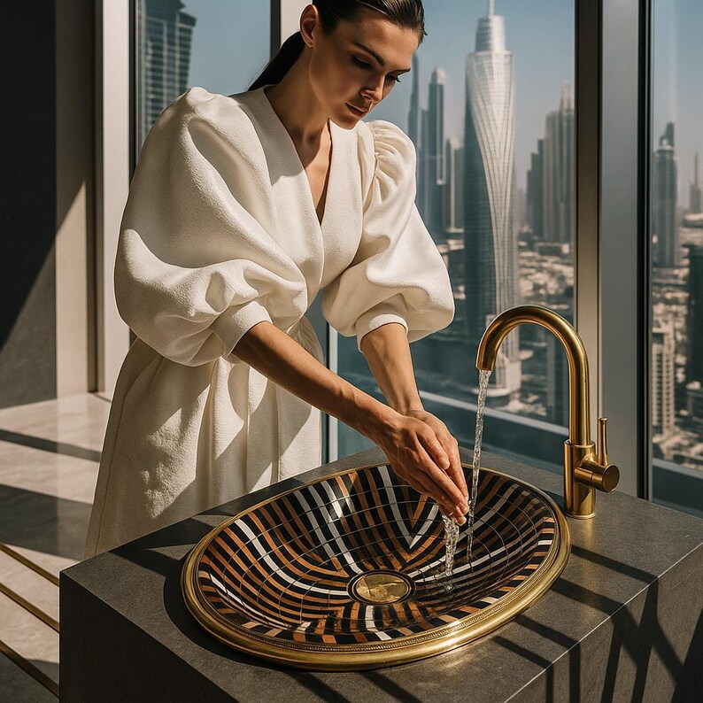 Luxury oval brass bathroom sink with bone, resin, and wood inlay – handcrafted Moroccan drop-in vanity basin

