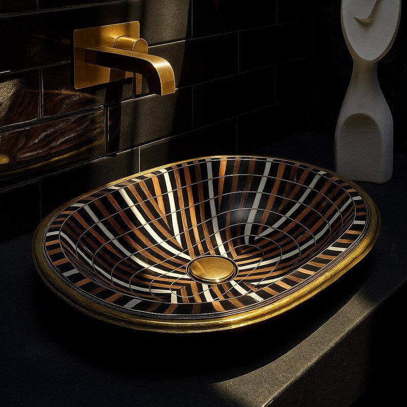 Luxury oval brass bathroom sink with bone, resin, and wood inlay – handcrafted Moroccan drop-in vanity basin

