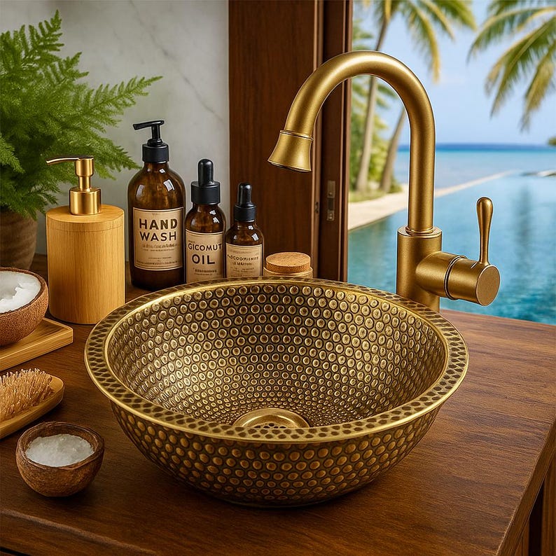 Luxury round brass bathroom sink with hammered finish