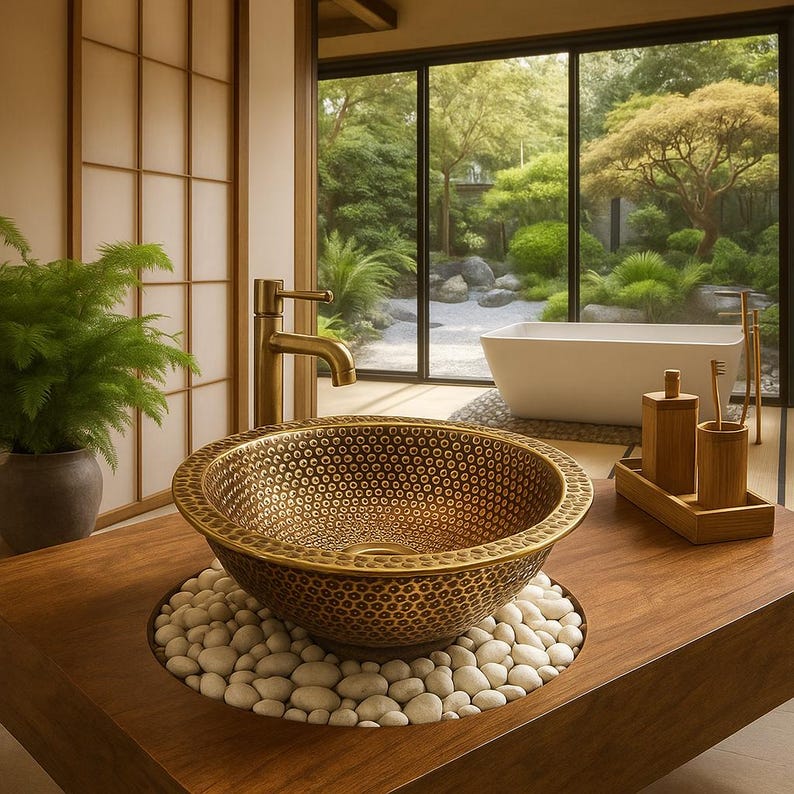 Luxury round brass bathroom sink with hammered finish