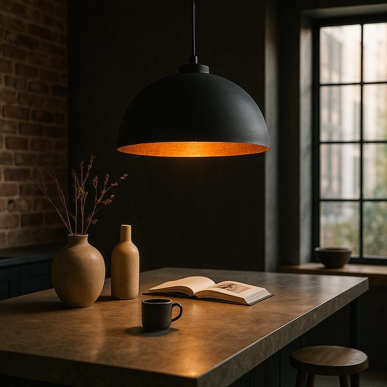 Matte black ceiling lamp with hand-hammered copper interior

