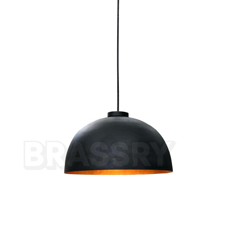 Matte black ceiling lamp with hand-hammered copper interior

