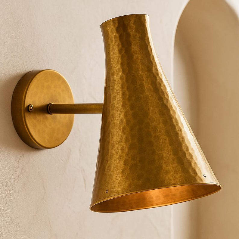 Mid-century hammered brass wall sconce – handmade lighting for entryways and patios

