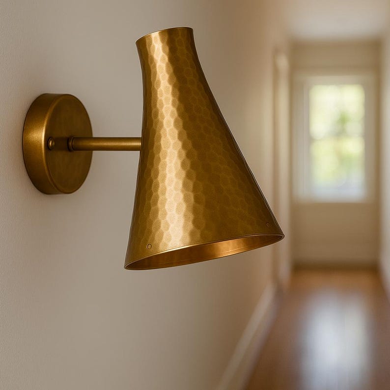 Mid-century hammered brass wall sconce – handmade lighting for entryways and patios

