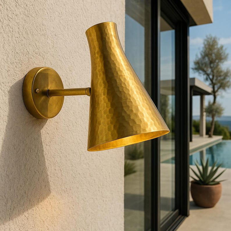 Mid-century hammered brass wall sconce – handmade lighting for entryways and patios

