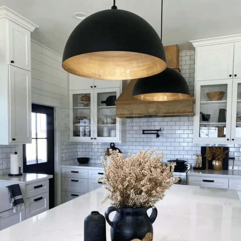 Modern Black and Gold Pendant Light – Handmade Dome Ceiling Light for Kitchen Island, Dining Room or Modern Boho Interiors
