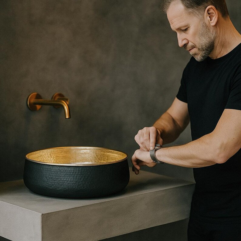 Modern black and gold brass vessel sink for bathroom vanity