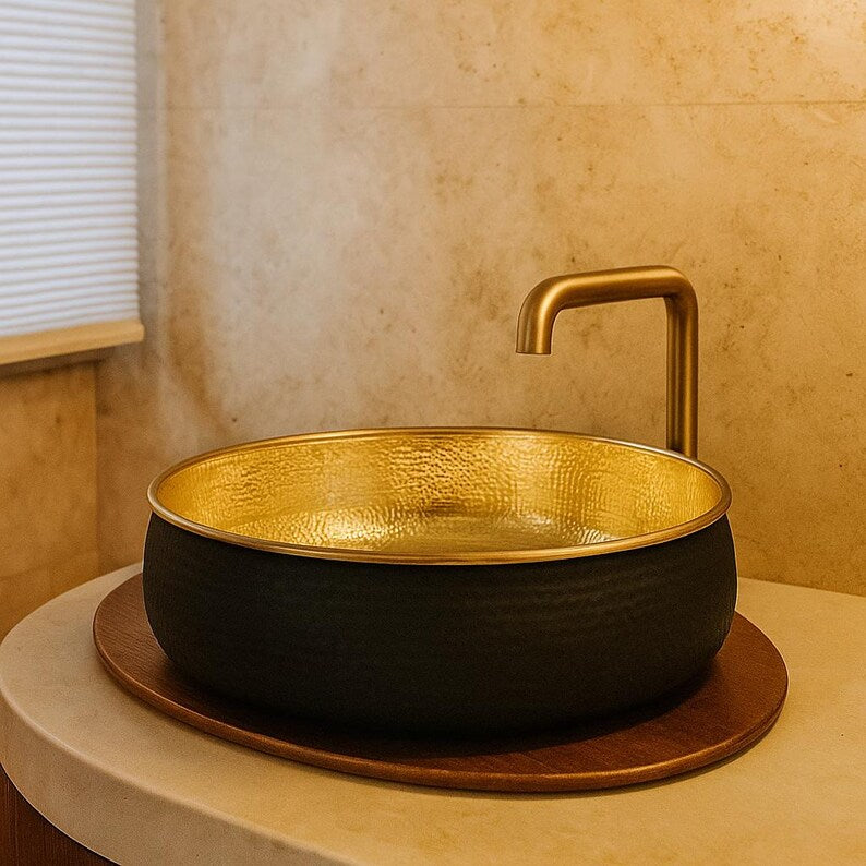Modern black and gold brass vessel sink for bathroom vanity