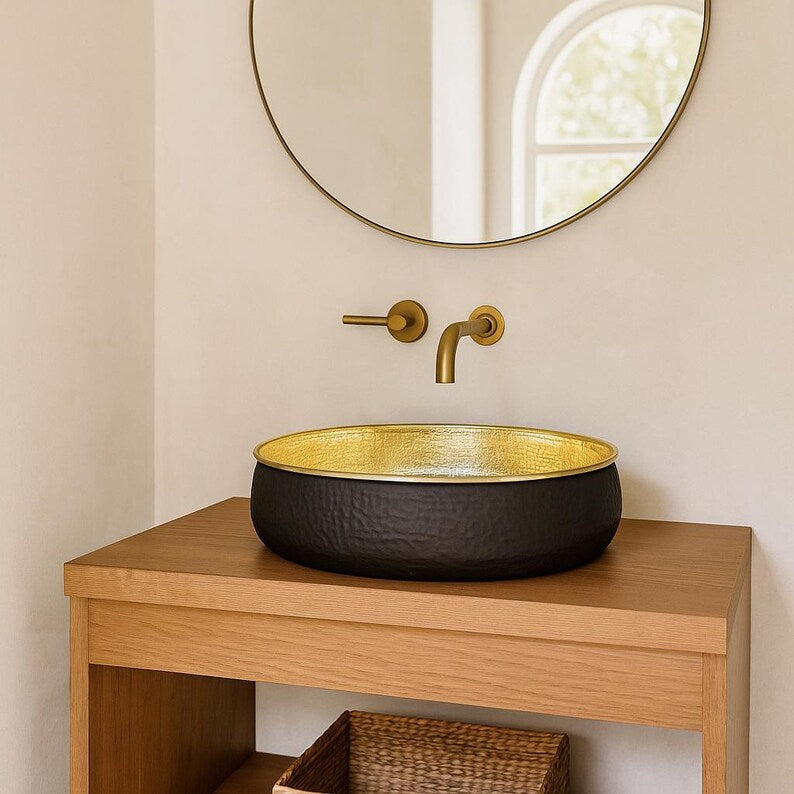 Modern black and gold brass vessel sink for bathroom vanity