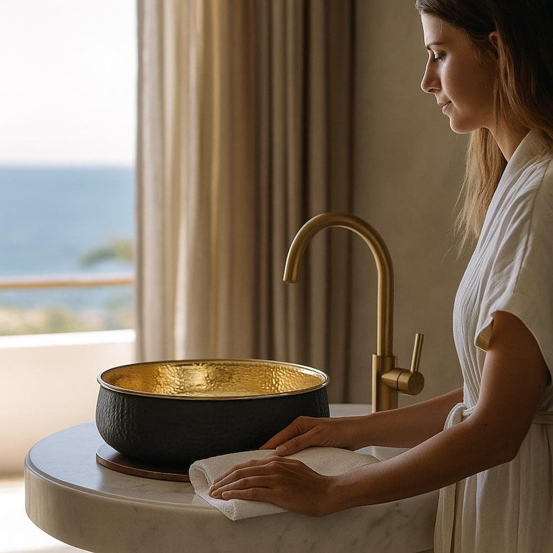 Modern black and gold brass vessel sink for bathroom vanity
