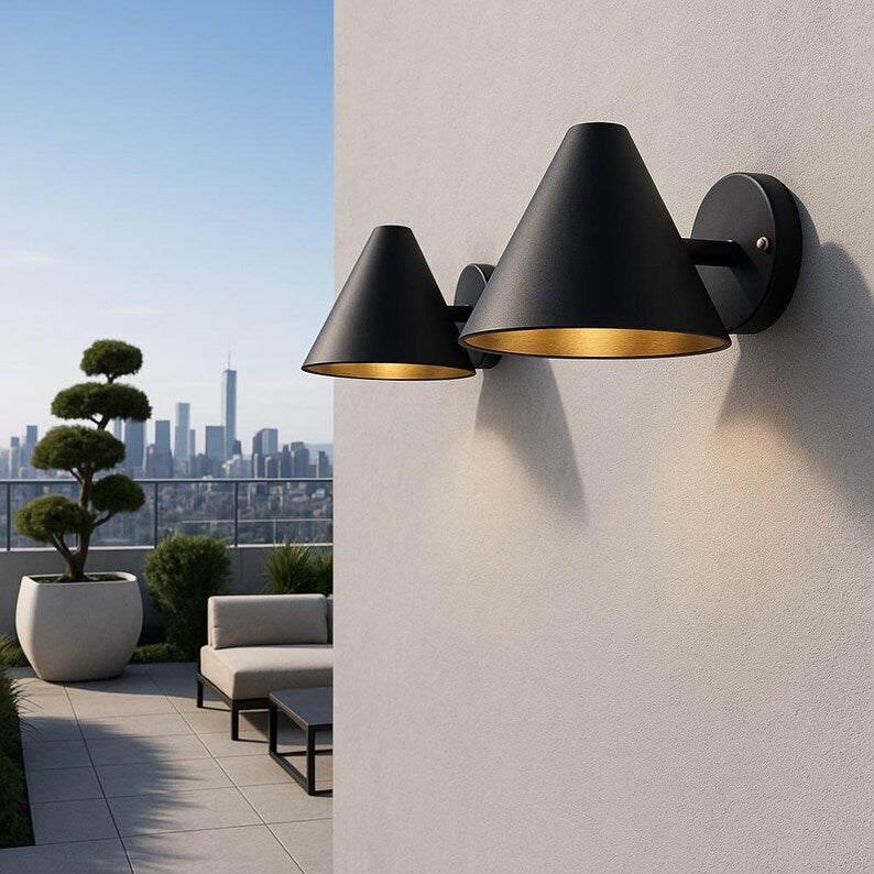 Modern black brass wall sconce with cone design – mid-century modern indoor outdoor light fixture

