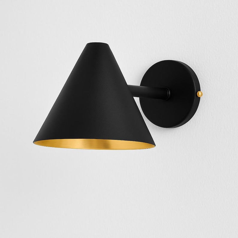 Modern black brass wall sconce with cone design – mid-century modern indoor outdoor light fixture

