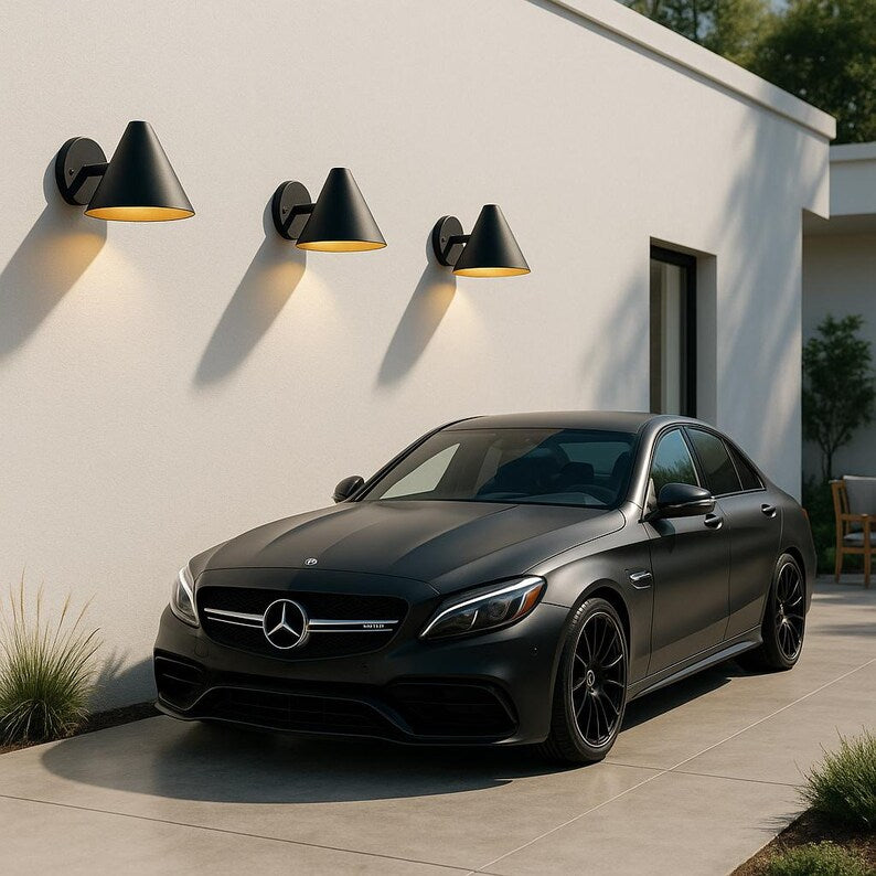 Modern black brass wall sconce with cone design – mid-century modern indoor outdoor light fixture

