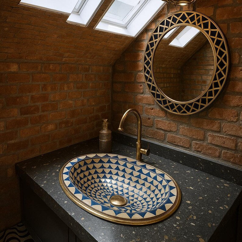 Modern bone inlay sink with blue resin and oval shape