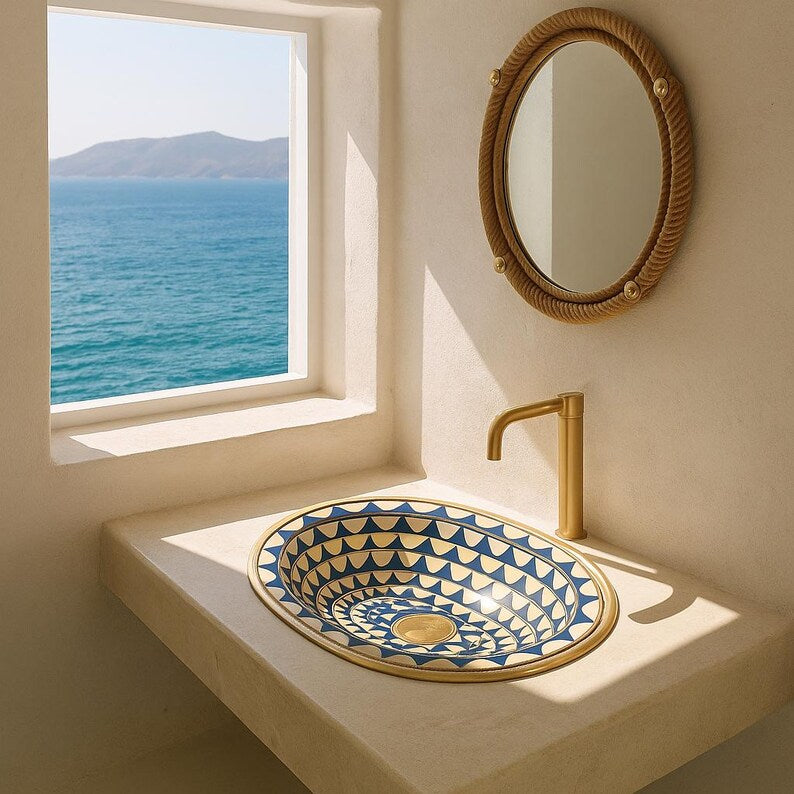 Modern bone inlay sink with blue resin and oval shape