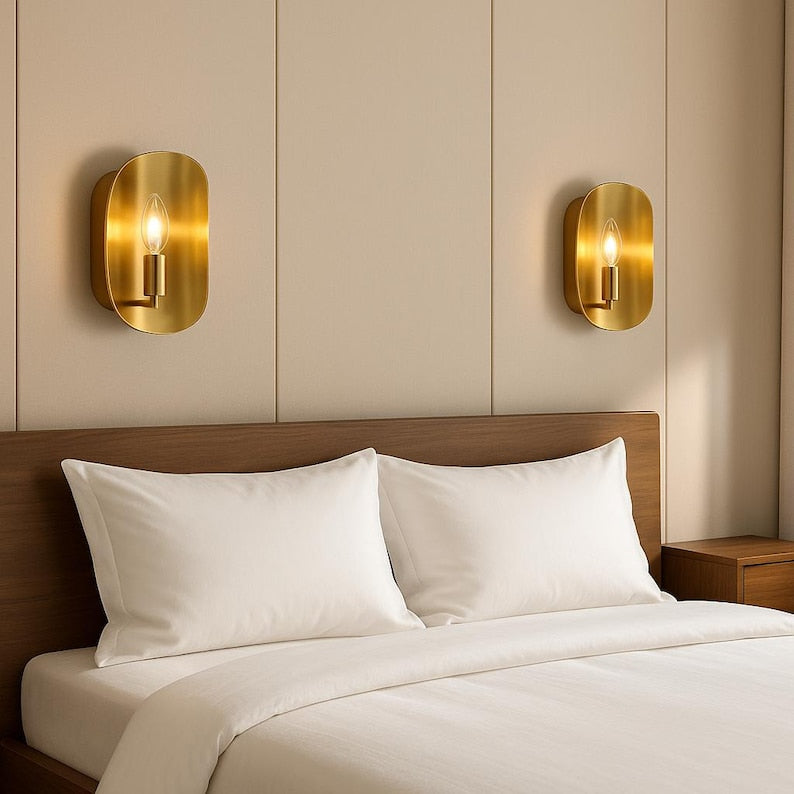 Modern smooth Brass Wall Sconce, Handmade Gold Tone Minimalist Light Fixture, Contemporary Farmhouse Indoor Accent Brushed Cooper Sconce
