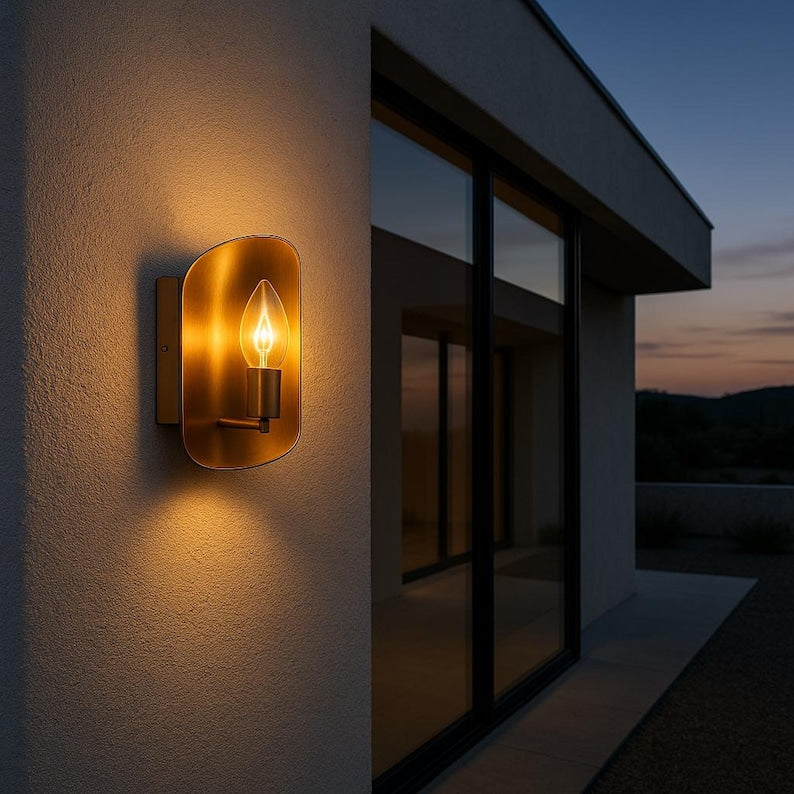 Modern smooth Brass Wall Sconce, Handmade Gold Tone Minimalist Light Fixture, Contemporary Farmhouse Indoor Accent Brushed Cooper Sconce
