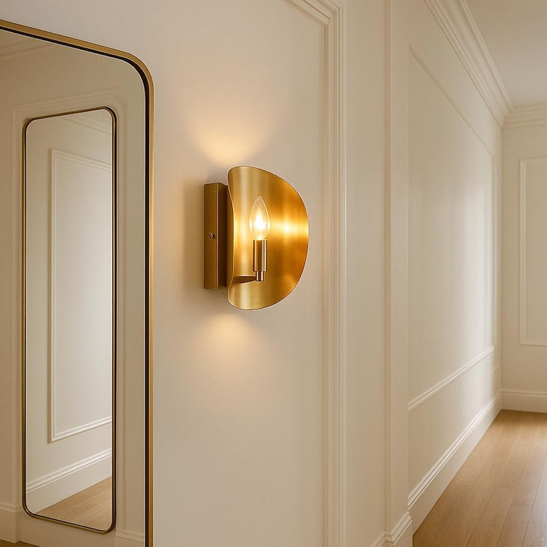 Modern smooth Brass Wall Sconce, Handmade Gold Tone Minimalist Light Fixture, Contemporary Farmhouse Indoor Accent Brushed Cooper Sconce
