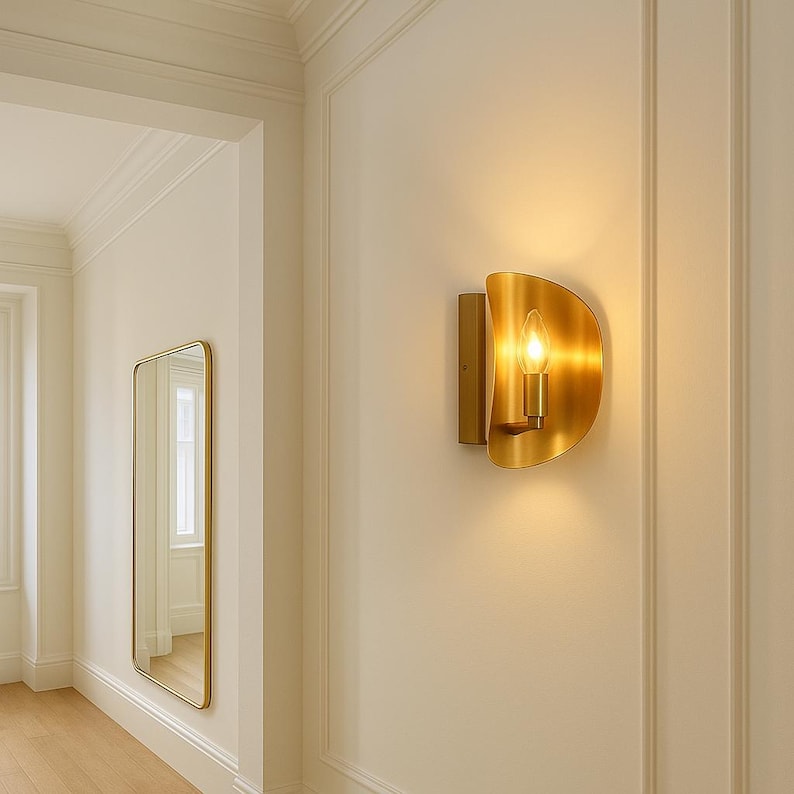 Modern smooth Brass Wall Sconce, Handmade Gold Tone Minimalist Light Fixture, Contemporary Farmhouse Indoor Accent Brushed Cooper Sconce
