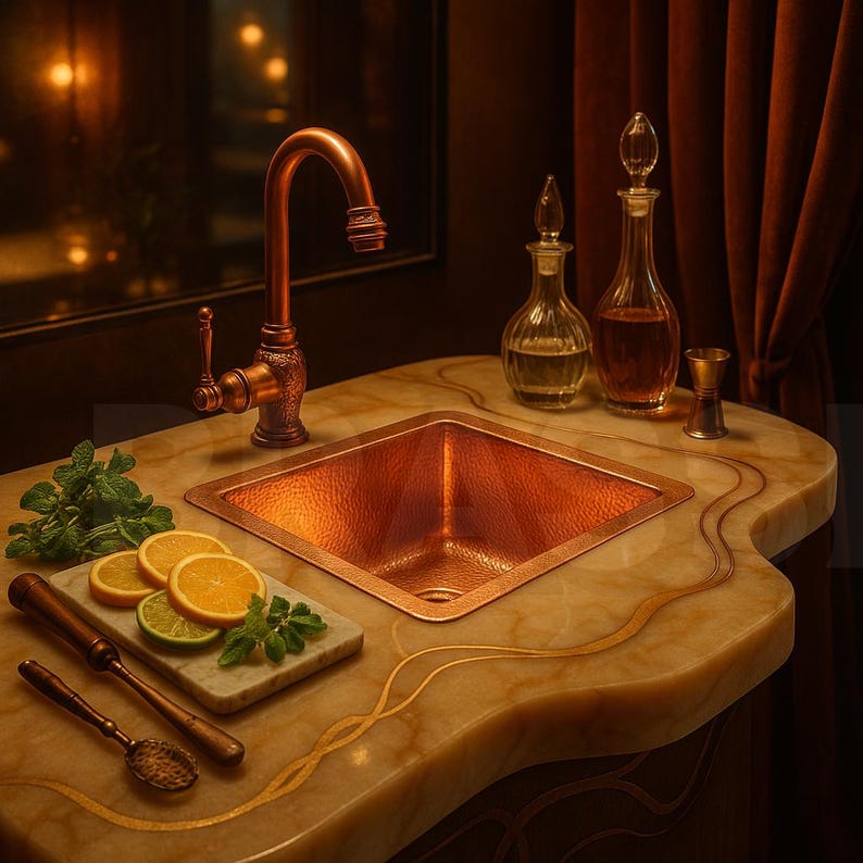 Moroccan Hammered Antique Copper Bar Sink style – Square Drop-In Unlacquered Kitchen Prep Sink – Copper Utility Basin Handmade Luxury
