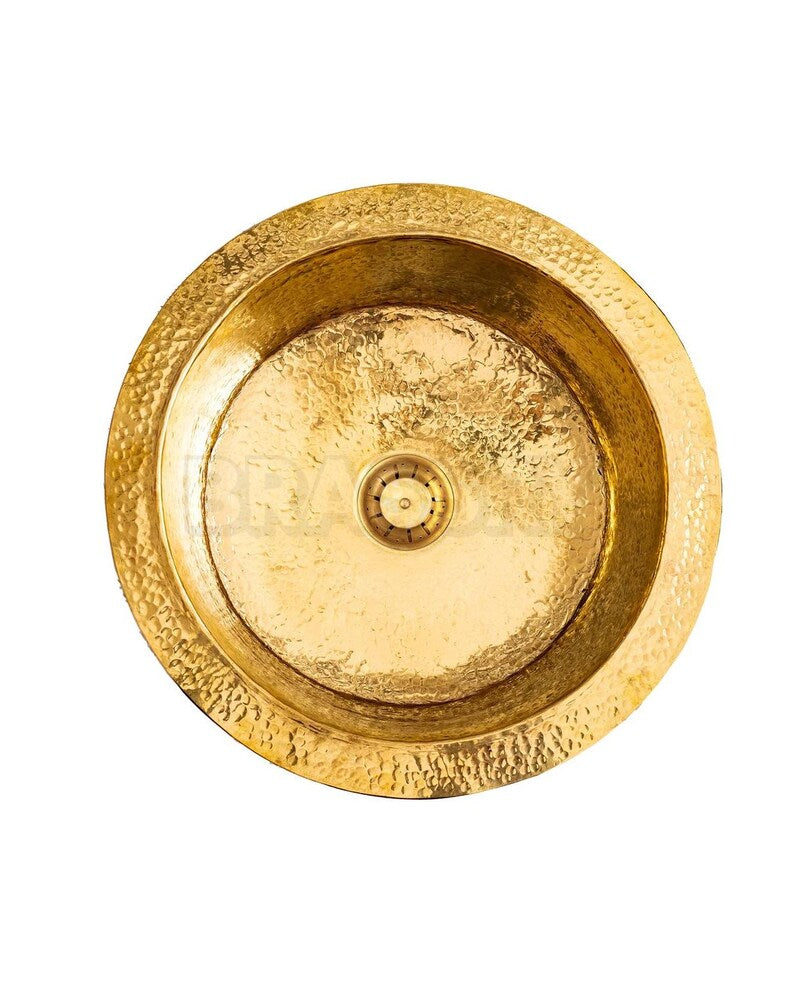 Moroccan Hammered Brass Bar Sink, Round Drop-In Unlacquered Kitchen Prep Sink, Gold Copper Utility Basin Handmade Luxury Copper Bar vessel
