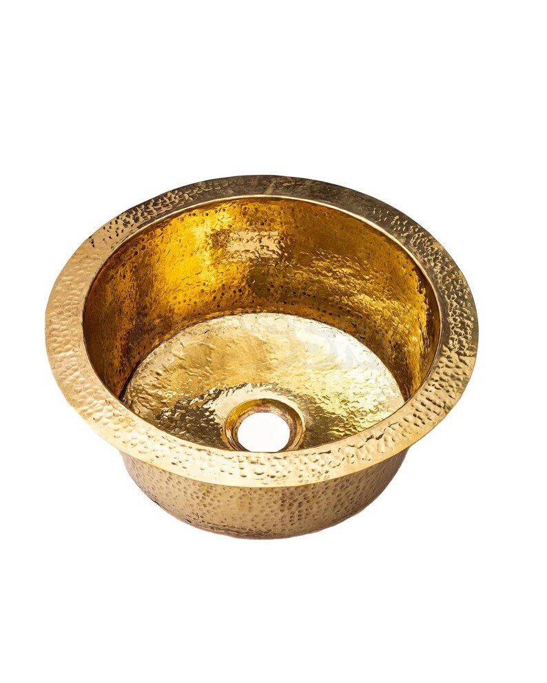 Moroccan Hammered Brass Bar Sink, Round Drop-In Unlacquered Kitchen Prep Sink, Gold Copper Utility Basin Handmade Luxury Copper Bar vessel
