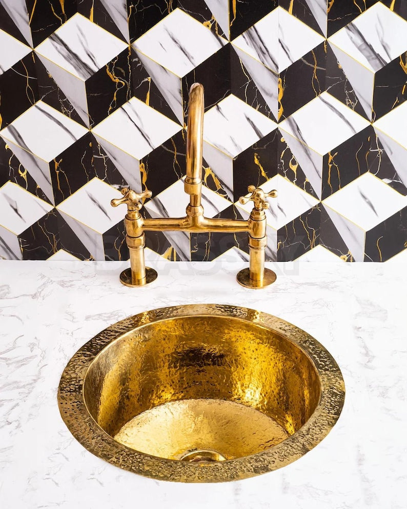 Moroccan Hammered Brass Bar Sink, Round Drop-In Unlacquered Kitchen Prep Sink, Gold Copper Utility Basin Handmade Luxury Copper Bar vessel
