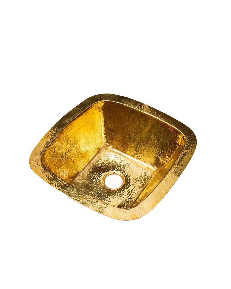 Moroccan Hammered Brass Bar Sink – Square Drop-In Unlacquered Kitchen Prep Sink – Gold Copper Utility Basin Handmade Luxury,
