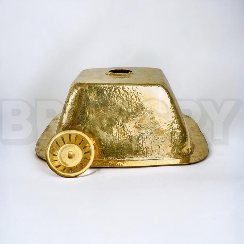 Moroccan Hammered Brass Bar Sink – Square Drop-In Unlacquered Kitchen Prep Sink – Gold Copper Utility Basin Handmade Luxury,
