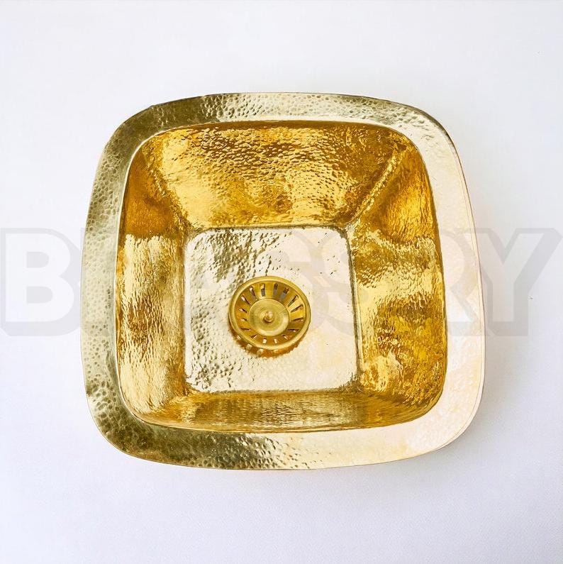 Moroccan Hammered Brass Bar Sink – Square Drop-In Unlacquered Kitchen Prep Sink – Gold Copper Utility Basin Handmade Luxury,
