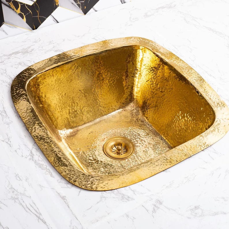 Moroccan Hammered Brass Bar Sink – Square Drop-In Unlacquered Kitchen Prep Sink – Gold Copper Utility Basin Handmade Luxury,
