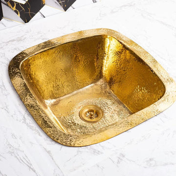 Moroccan Hammered Brass Bar Sink – Square Drop-In Unlacquered Kitchen Prep Sink – Gold Copper Utility Basin Handmade Luxury,
