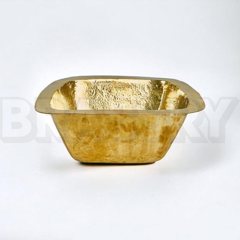 Moroccan Hammered Brass Bar Sink – Square Drop-In Unlacquered Kitchen Prep Sink – Gold Copper Utility Basin Handmade Luxury,
