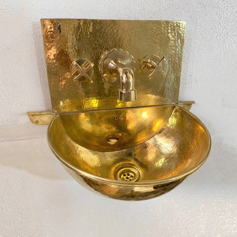 Moroccan Hammered Brass Wall Mount Bathroom Sink with Faucet Combo – Unlacquered Brass Round Bowl Vanity Sink – Handmade Basin Set
