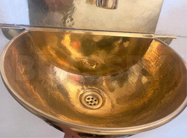 Moroccan Hammered Brass Wall Mount Bathroom Sink with Faucet Combo – Unlacquered Brass Round Bowl Vanity Sink – Handmade Basin Set
