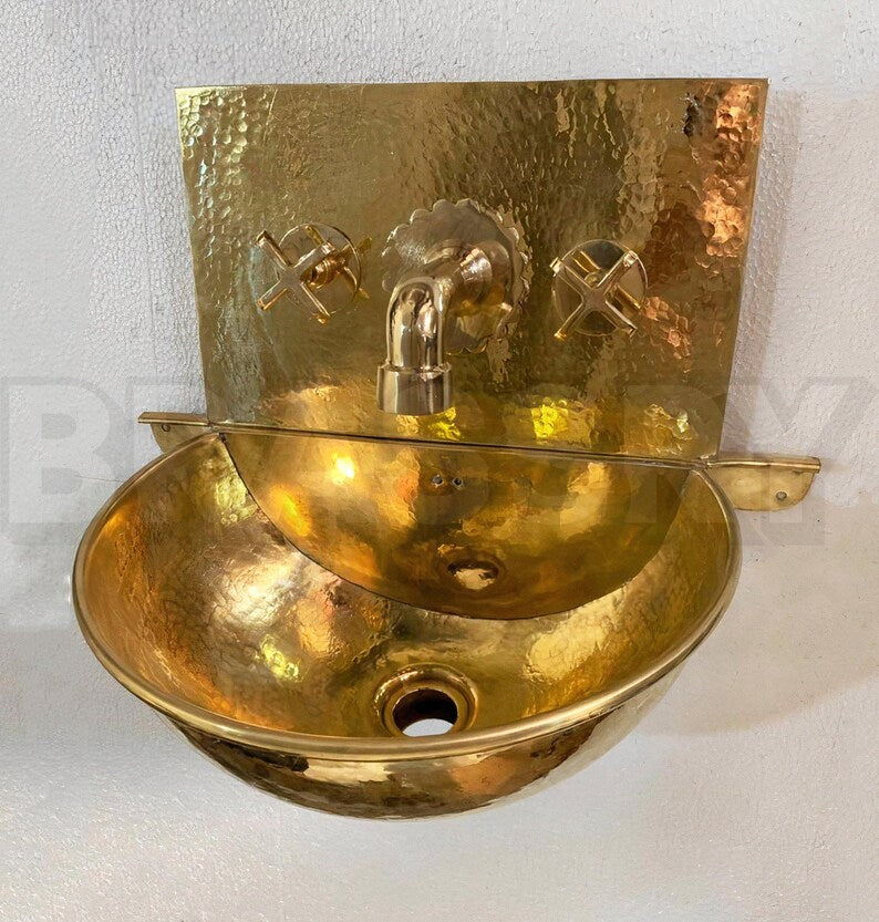 Moroccan Hammered Brass Wall Mount Bathroom Sink with Faucet Combo – Unlacquered Brass Round Bowl Vanity Sink – Handmade Basin Set

