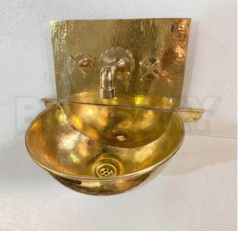 Moroccan Hammered Brass Wall Mount Bathroom Sink with Faucet Combo – Unlacquered Brass Round Bowl Vanity Sink – Handmade Basin Set
