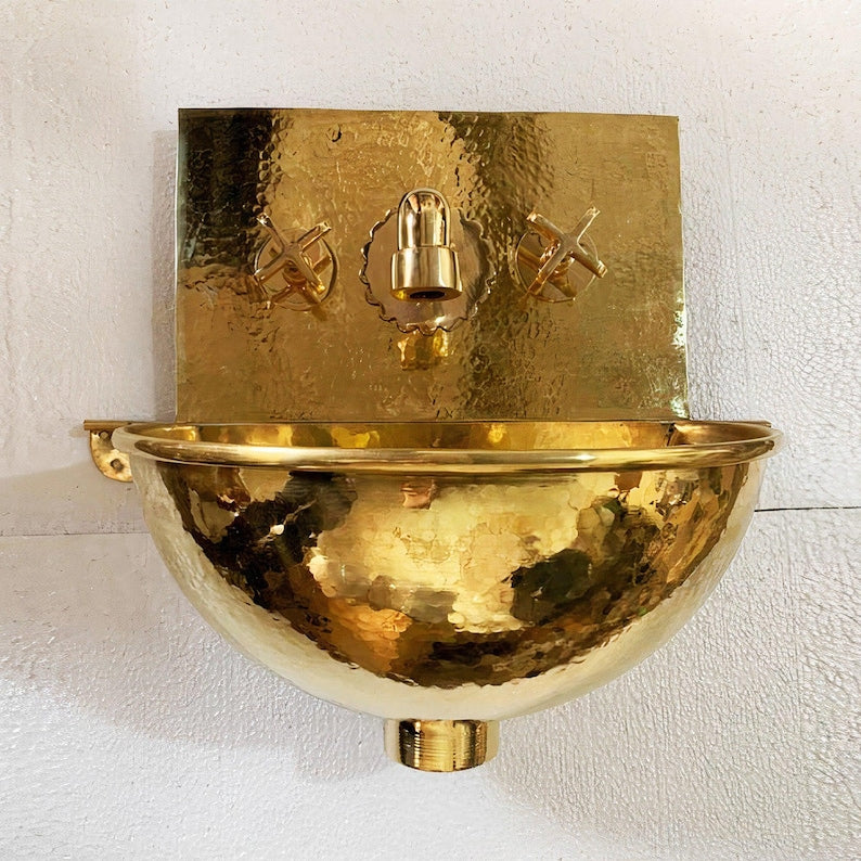 Moroccan Hammered Brass Wall Mount Bathroom Sink with Faucet Combo – Unlacquered Brass Round Bowl Vanity Sink – Handmade Basin Set
