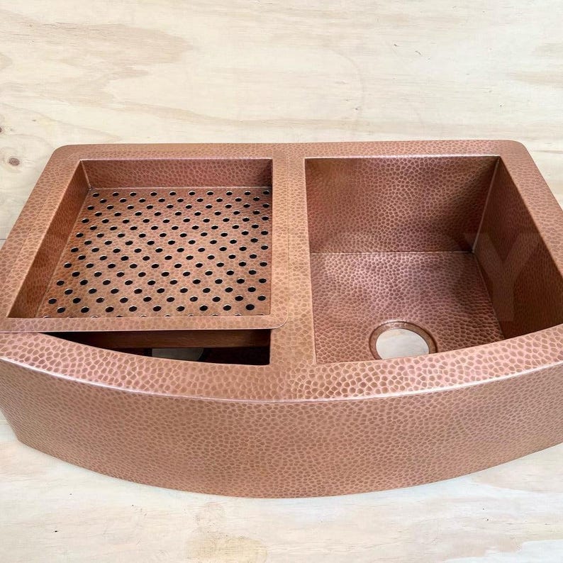 Moroccan Hammered Copper Farmhouse Sink with Drainboard – Handcrafted Double Bowl Apron Front Kitchen Sink