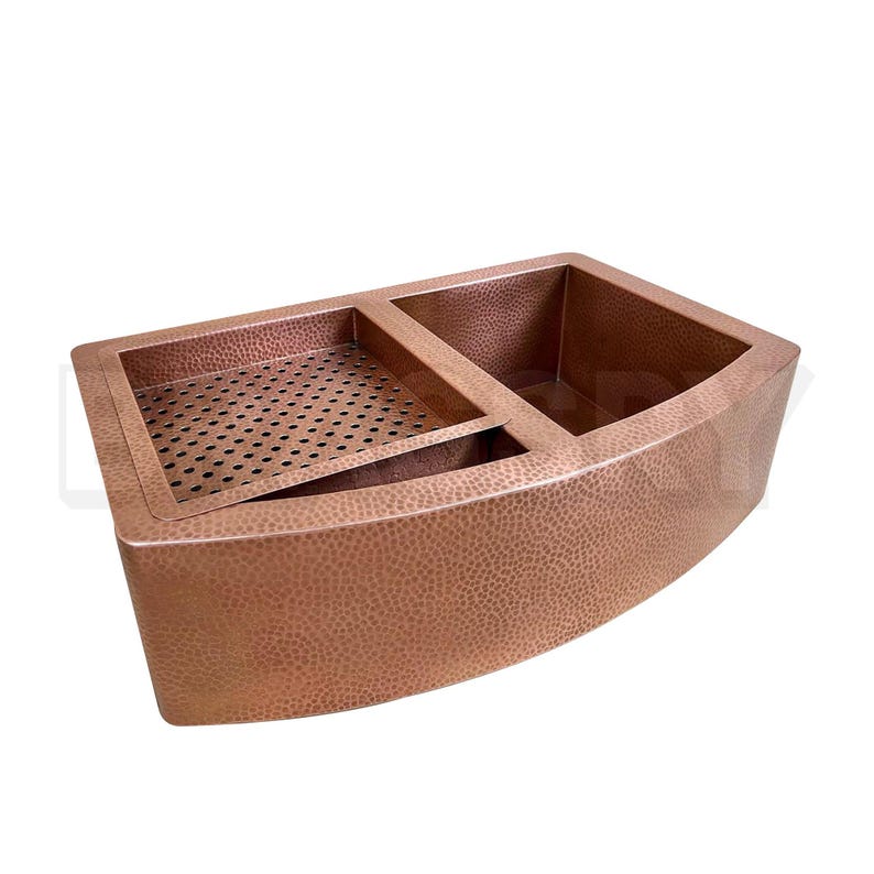 Moroccan Hammered Copper Farmhouse Sink with Drainboard – Handcrafted Double Bowl Apron Front Kitchen Sink