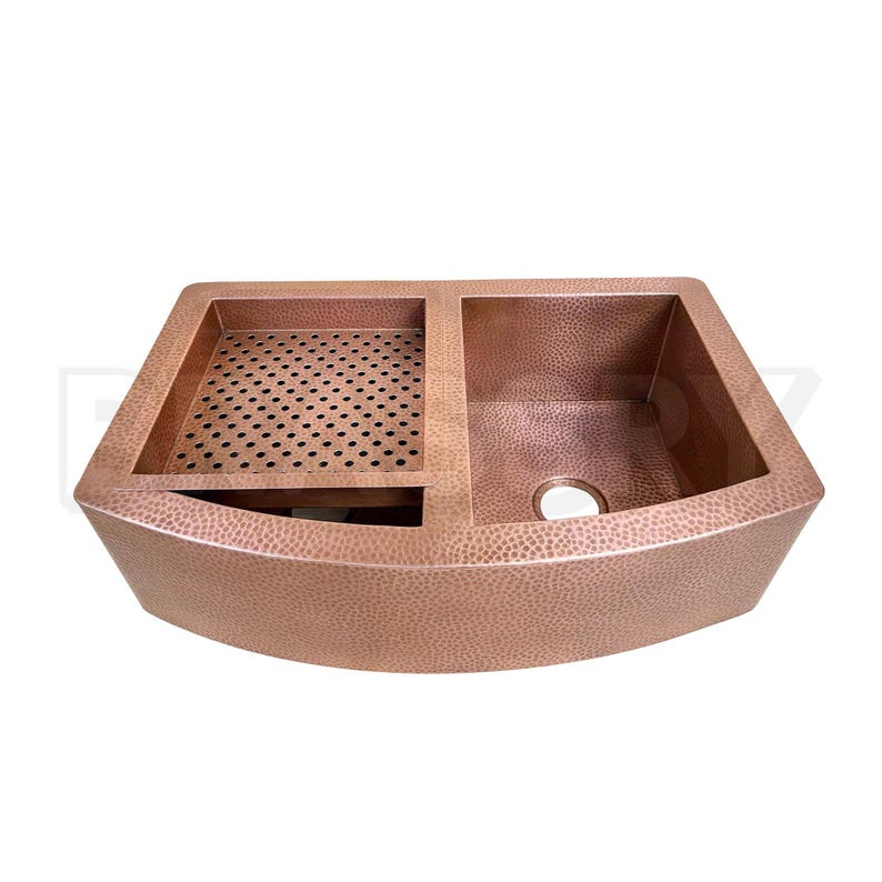 Moroccan Hammered Copper Farmhouse Sink with Drainboard – Handcrafted Double Bowl Apron Front Kitchen Sink