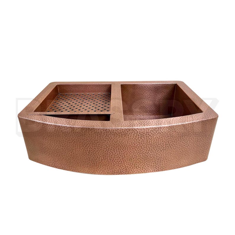 Moroccan Hammered Copper Farmhouse Sink with Drainboard – Handcrafted Double Bowl Apron Front Kitchen Sink