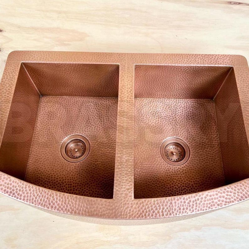 Moroccan Hammered Copper Farmhouse Sink with Drainboard – Handcrafted Double Bowl Apron Front Kitchen Sink
